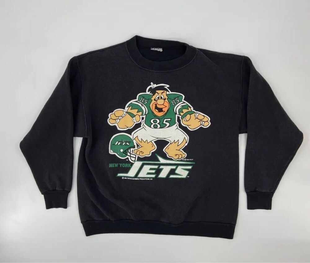 Vintage New York Jets Sweater Men Medium Black Fred Flintstone NFL Football 90s